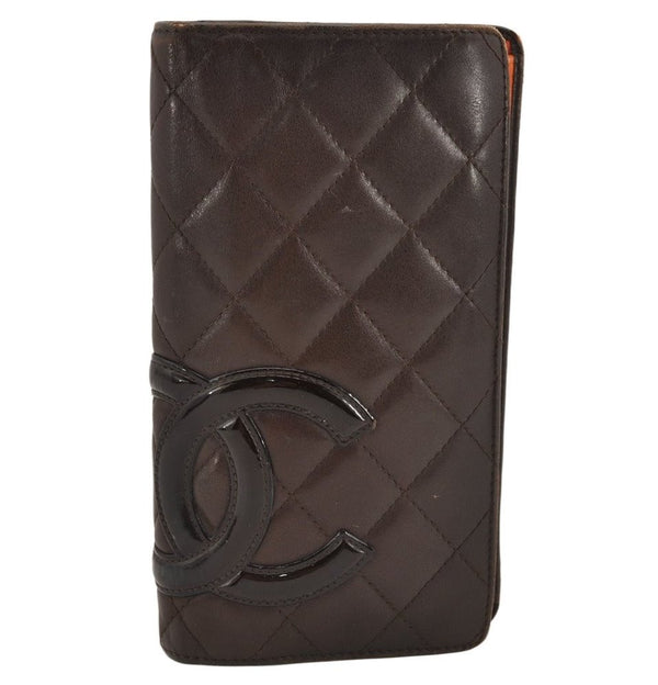 Authentic CHANEL Calf Skin Cambon Line CC Logo Bifold Long Wallet Brown 3012K