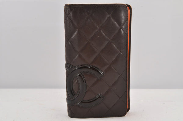 Authentic CHANEL Calf Skin Cambon Line CC Logo Bifold Long Wallet Brown 3012K