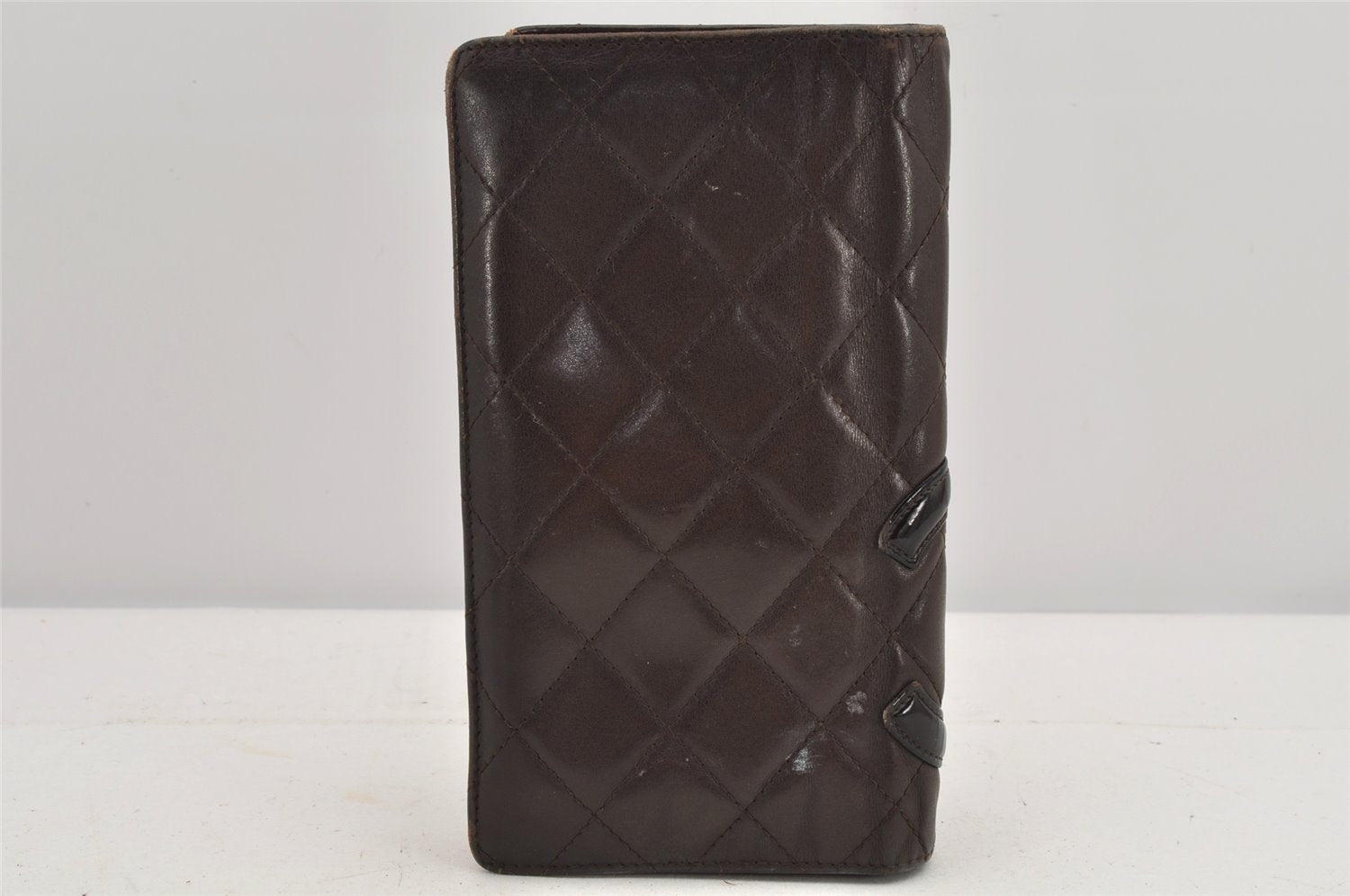 Authentic CHANEL Calf Skin Cambon Line CC Logo Bifold Long Wallet Brown 3012K
