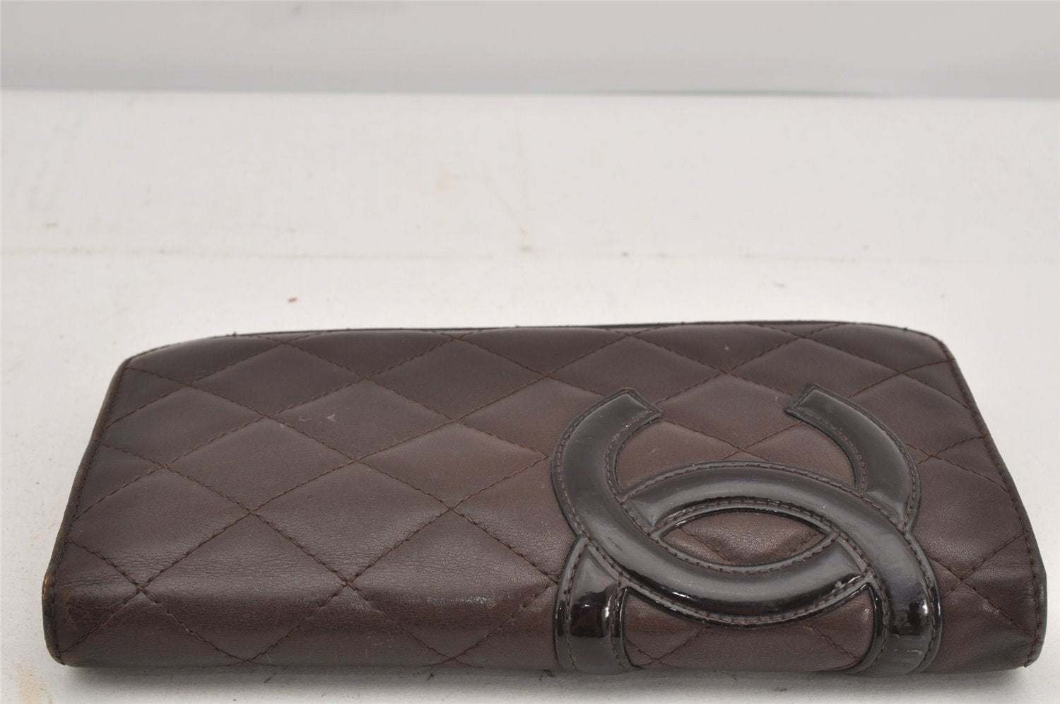 Authentic CHANEL Calf Skin Cambon Line CC Logo Bifold Long Wallet Brown 3012K