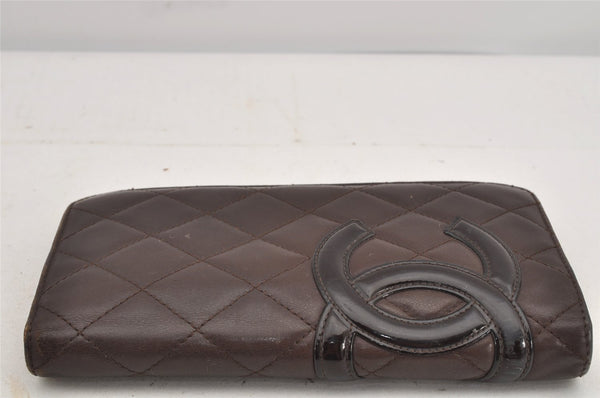 Authentic CHANEL Calf Skin Cambon Line CC Logo Bifold Long Wallet Brown 3012K