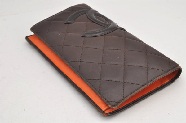 Authentic CHANEL Calf Skin Cambon Line CC Logo Bifold Long Wallet Brown 3012K