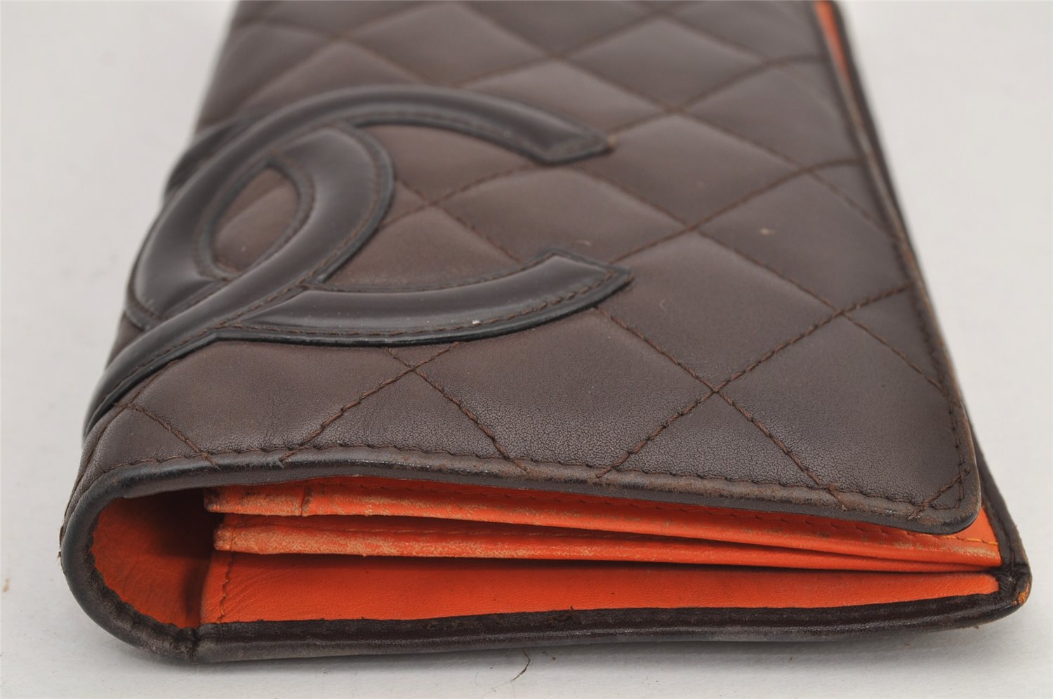 Authentic CHANEL Calf Skin Cambon Line CC Logo Bifold Long Wallet Brown 3012K