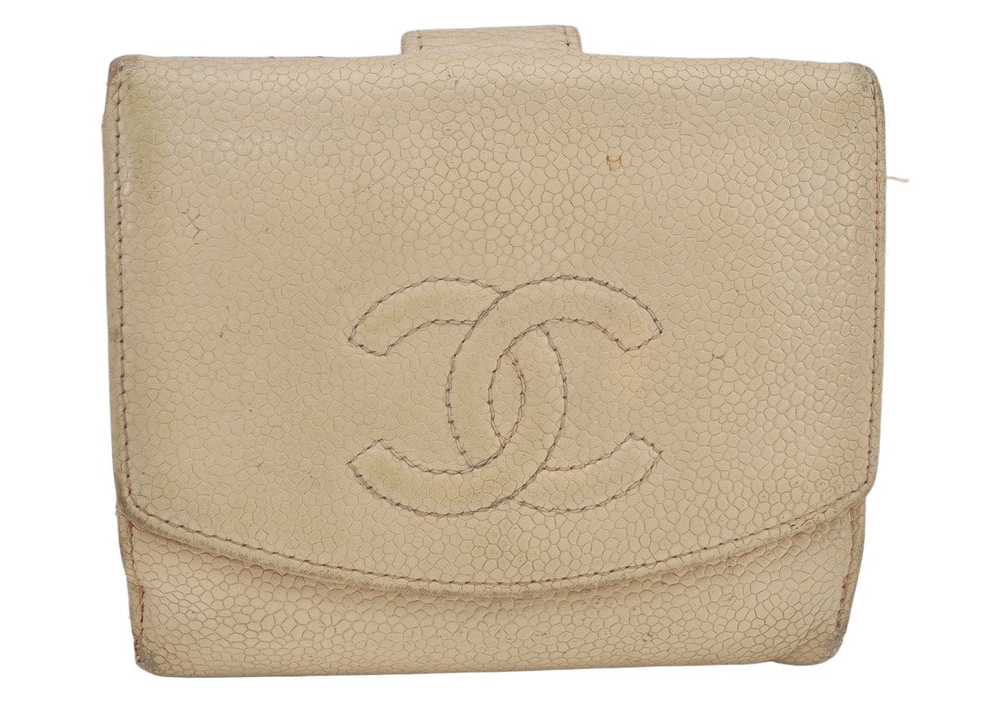 Authentic CHANEL Caviar Skin CC Logo Bifold Wallet Purse Cream White 3013K