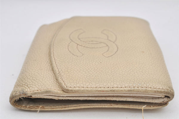 Authentic CHANEL Caviar Skin CC Logo Bifold Wallet Purse Cream White 3013K