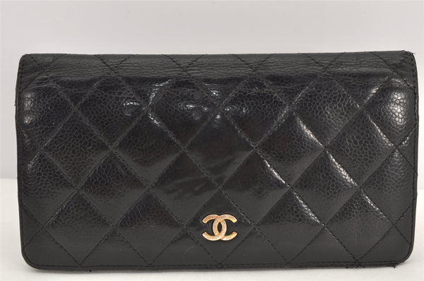 Authentic CHANEL Caviar Skin Matelasse Bifold Long Wallet CC Logo Black 3014K