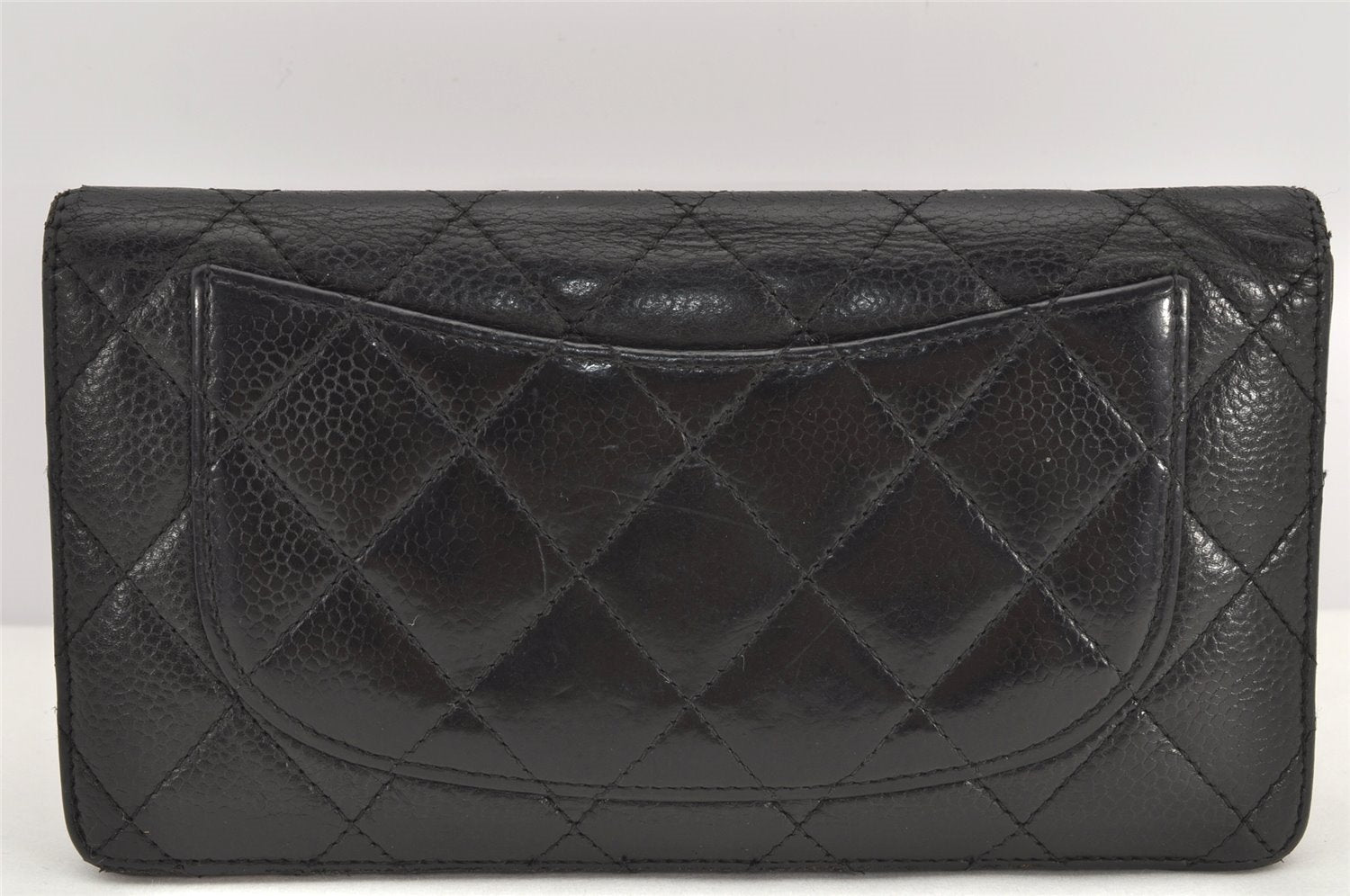 Authentic CHANEL Caviar Skin Matelasse Bifold Long Wallet CC Logo Black 3014K