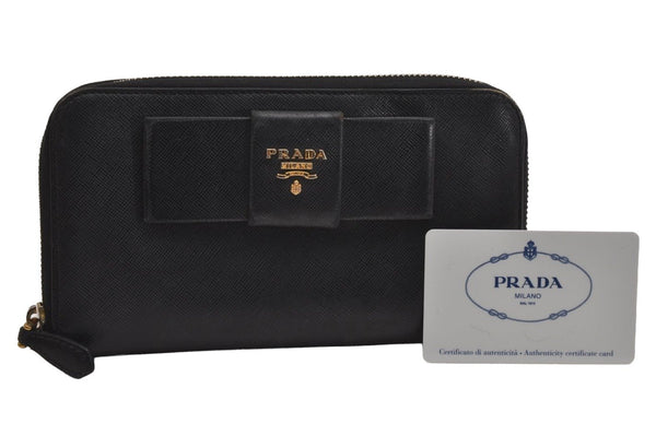 Authentic PRADA SAFFIANO FIOCCO Ribbon Leather Long Wallet 1M0506 Black 3017J