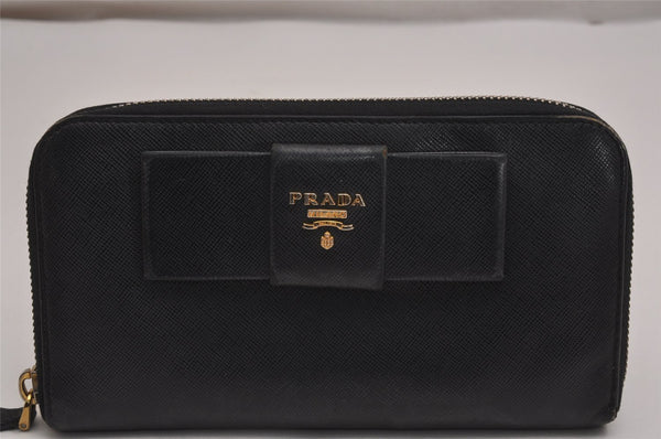 Authentic PRADA SAFFIANO FIOCCO Ribbon Leather Long Wallet 1M0506 Black 3017J