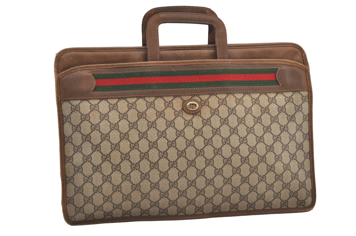Authentic GUCCI Web Sherry Line Business Briefcase GG PVC Leather Brown 3022J