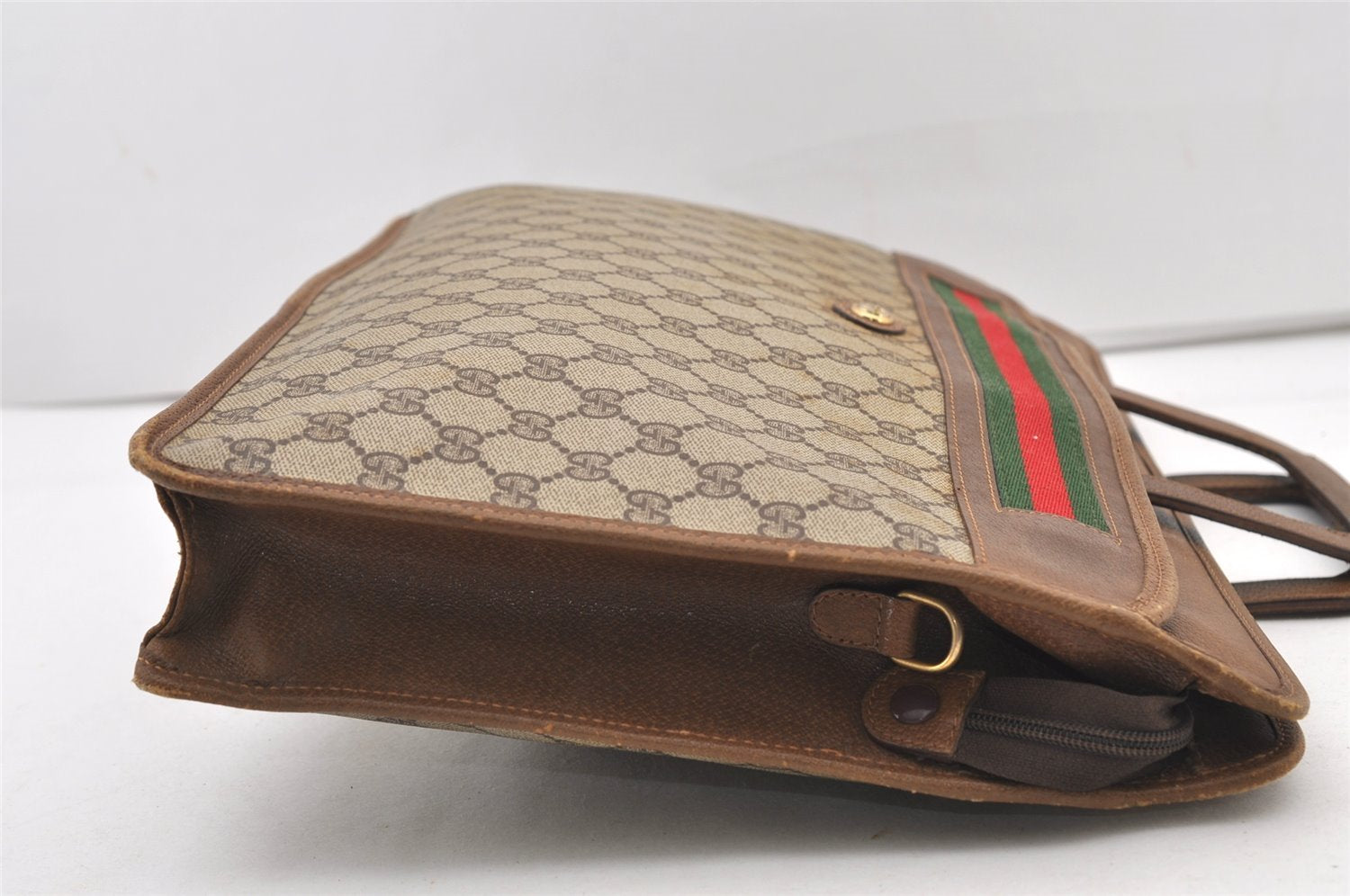 Authentic GUCCI Web Sherry Line Business Briefcase GG PVC Leather Brown 3022J