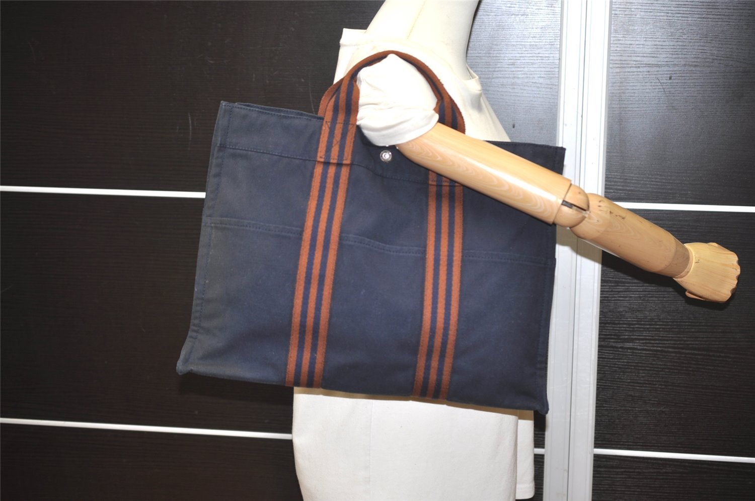 Authentic HERMES Vintage Fourre Tout MM Hand Tote Bag Canvas Navy 3024I