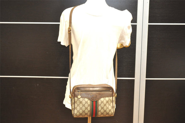 Authentic GUCCI Web Sherry Line Shoulder Cross Bag GG PVC Leather Brown 3026I