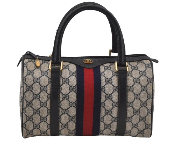 Authentic GUCCI Sherry Line Hand Boston Bag GG PVC Leather Navy Blue 3038J