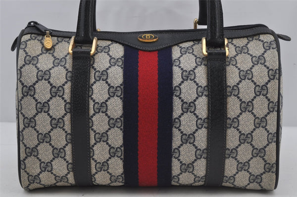 Authentic GUCCI Sherry Line Hand Boston Bag GG PVC Leather Navy Blue 3038J