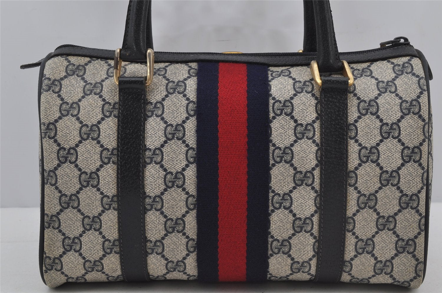 Authentic GUCCI Sherry Line Hand Boston Bag GG PVC Leather Navy Blue 3038J