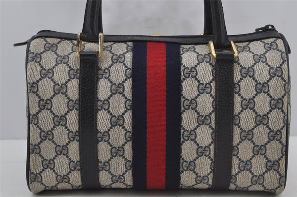 Authentic GUCCI Sherry Line Hand Boston Bag GG PVC Leather Navy Blue 3038J
