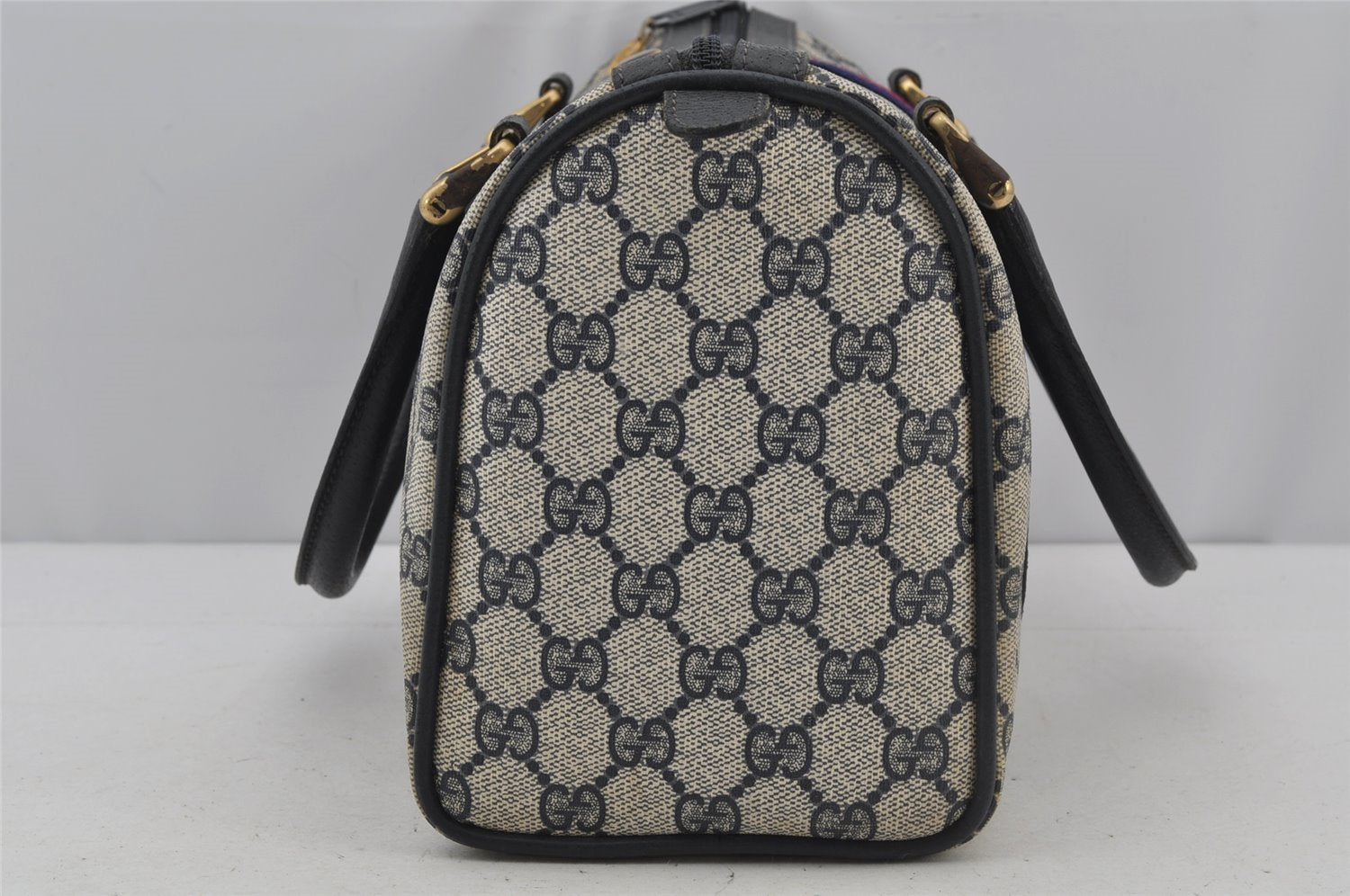 Authentic GUCCI Sherry Line Hand Boston Bag GG PVC Leather Navy Blue 3038J