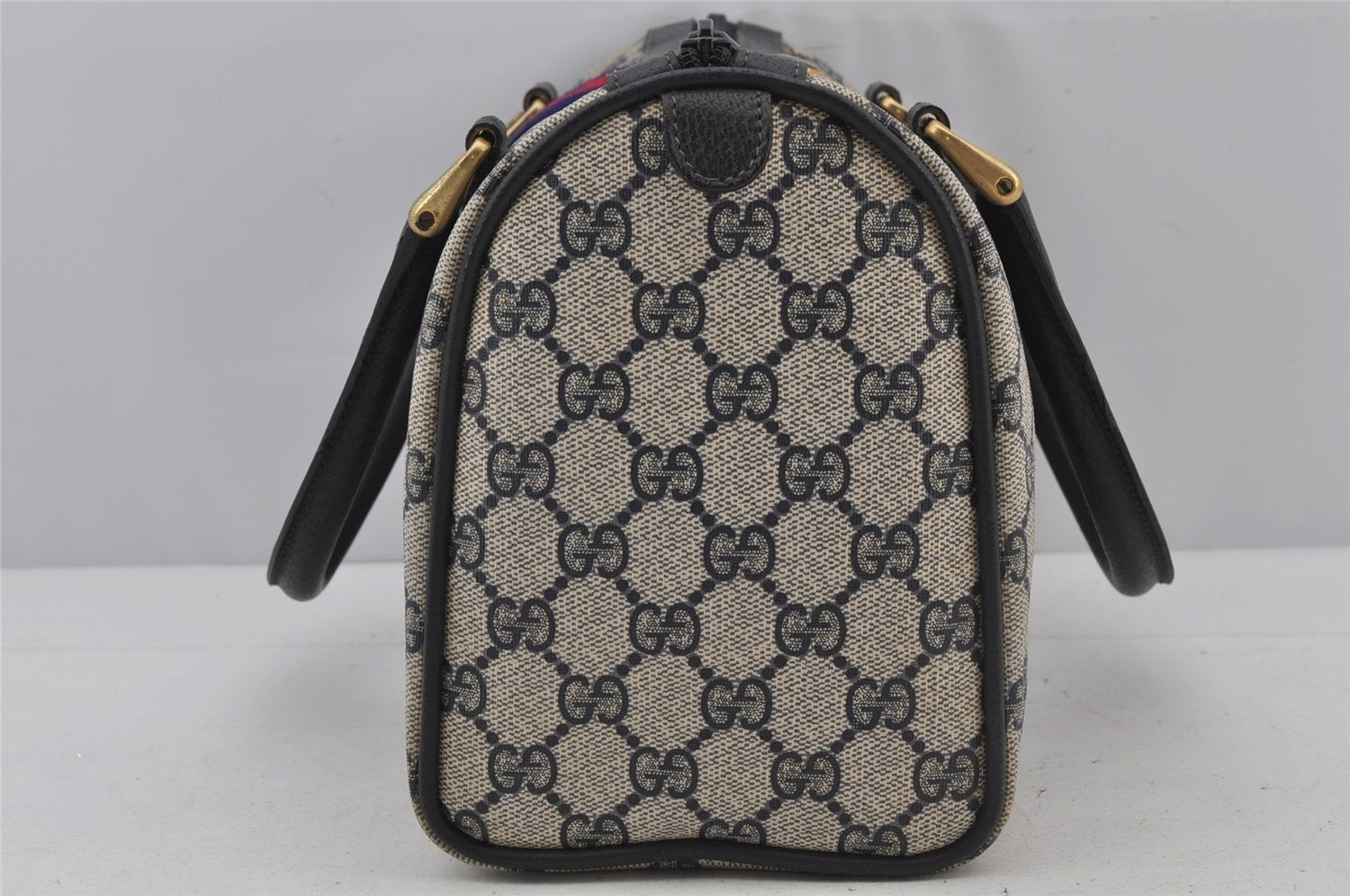 Authentic GUCCI Sherry Line Hand Boston Bag GG PVC Leather Navy Blue 3038J
