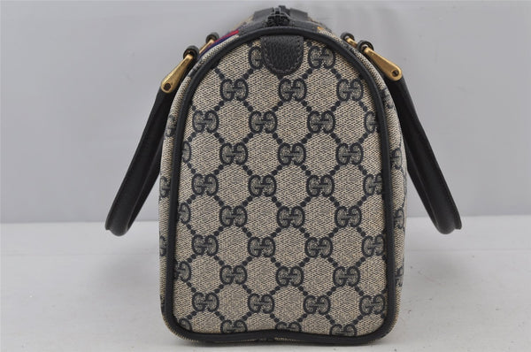 Authentic GUCCI Sherry Line Hand Boston Bag GG PVC Leather Navy Blue 3038J