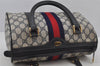 Authentic GUCCI Sherry Line Hand Boston Bag GG PVC Leather Navy Blue 3038J