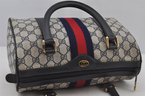 Authentic GUCCI Sherry Line Hand Boston Bag GG PVC Leather Navy Blue 3038J