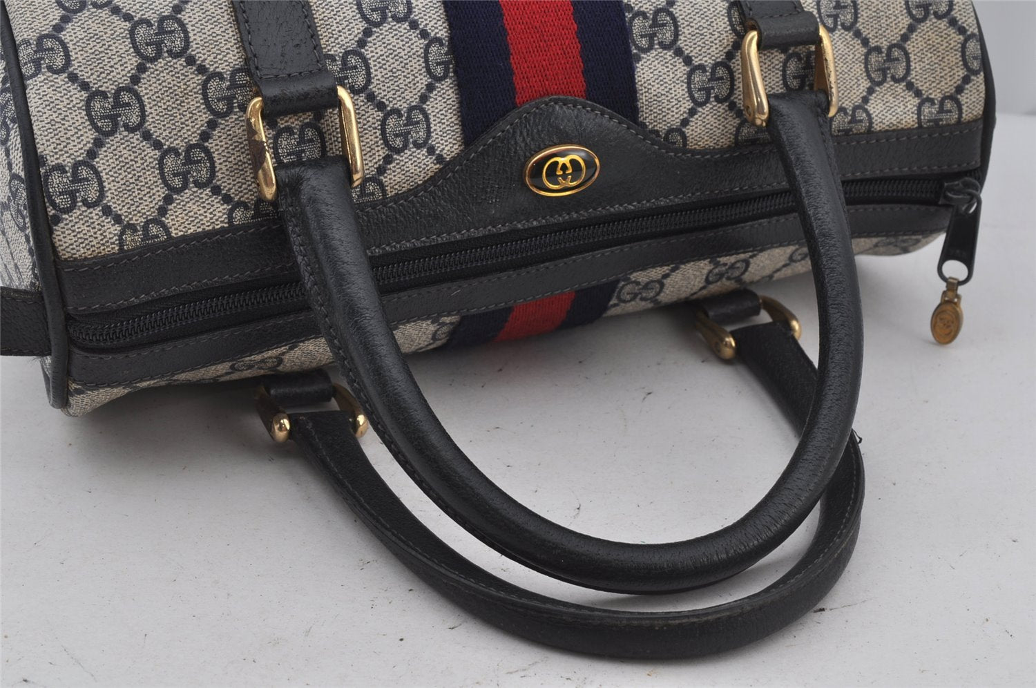 Authentic GUCCI Sherry Line Hand Boston Bag GG PVC Leather Navy Blue 3038J