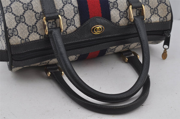 Authentic GUCCI Sherry Line Hand Boston Bag GG PVC Leather Navy Blue 3038J