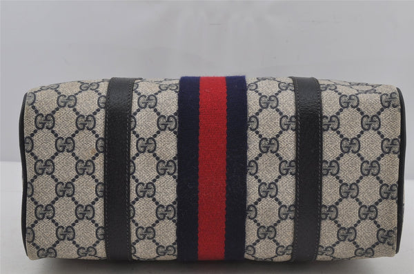 Authentic GUCCI Sherry Line Hand Boston Bag GG PVC Leather Navy Blue 3038J