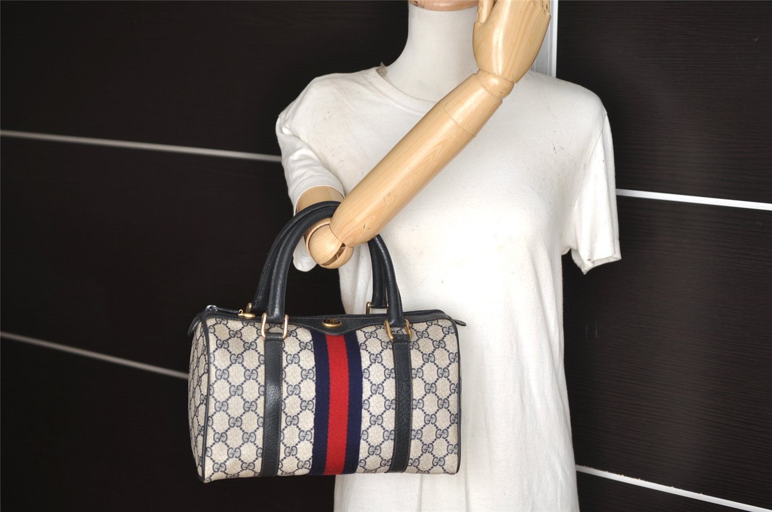 Authentic GUCCI Sherry Line Hand Boston Bag GG PVC Leather Navy Blue 3038J