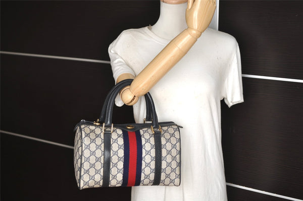 Authentic GUCCI Sherry Line Hand Boston Bag GG PVC Leather Navy Blue 3038J