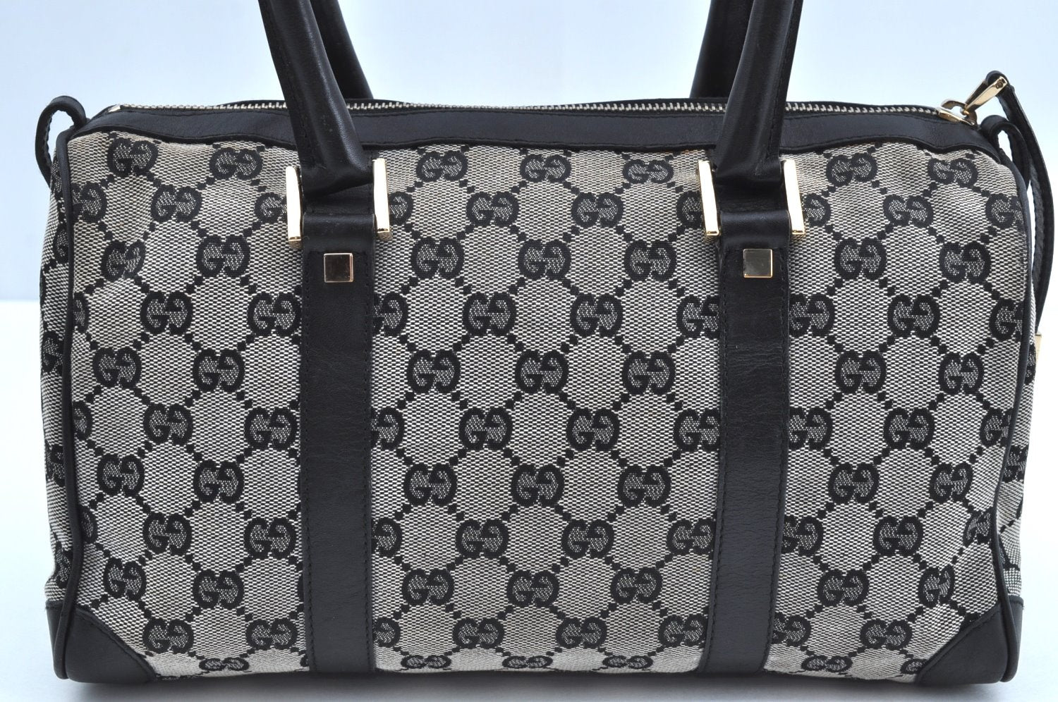 Authentic GUCCI Hand Boston Bag Purse GG Canvas Leather 0000851 Black 3046H