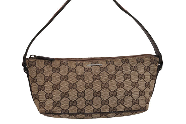 Authentic GUCCI Web Sherry Line Hand Bag Pouch GG Canvas Leather Brown 3047J