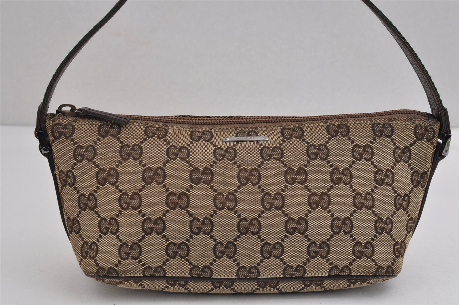 Authentic GUCCI Web Sherry Line Hand Bag Pouch GG Canvas Leather Brown 3047J