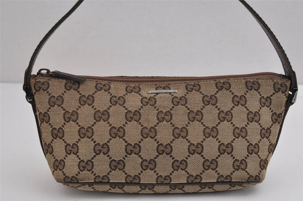 Authentic GUCCI Web Sherry Line Hand Bag Pouch GG Canvas Leather Brown 3047J