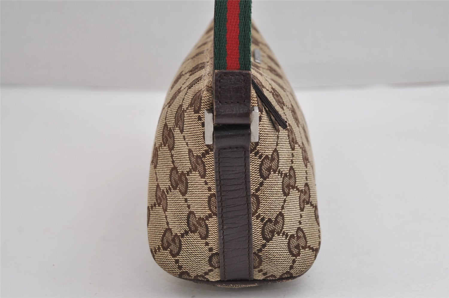 Authentic GUCCI Web Sherry Line Hand Bag Pouch GG Canvas Leather Brown 3047J