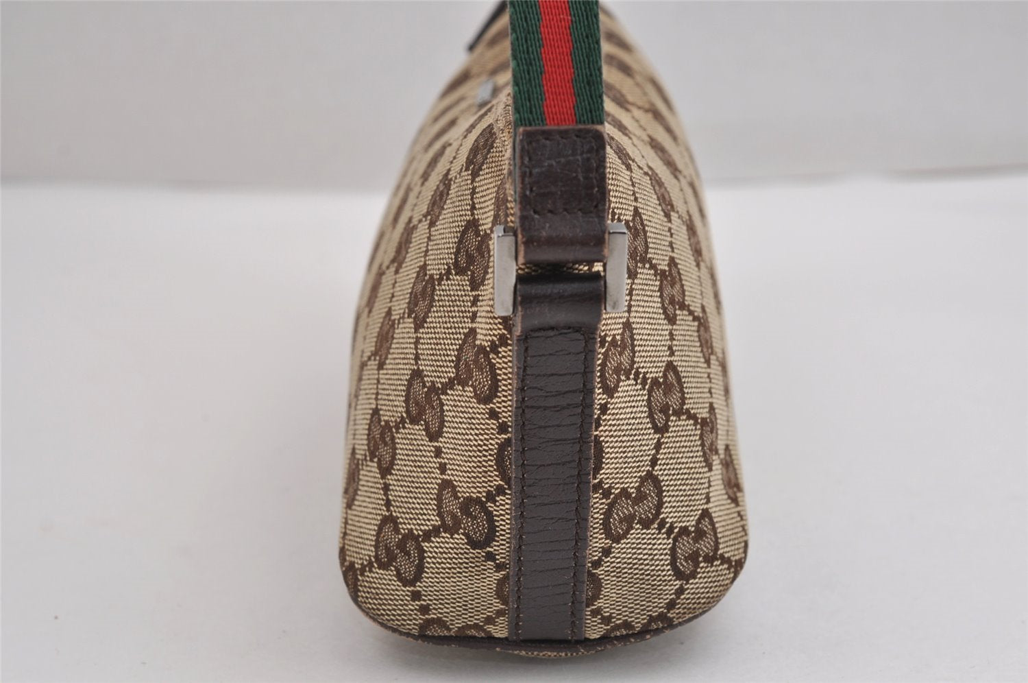 Authentic GUCCI Web Sherry Line Hand Bag Pouch GG Canvas Leather Brown 3047J