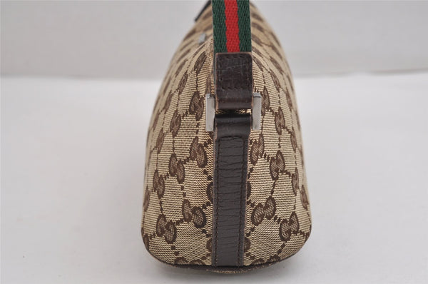Authentic GUCCI Web Sherry Line Hand Bag Pouch GG Canvas Leather Brown 3047J