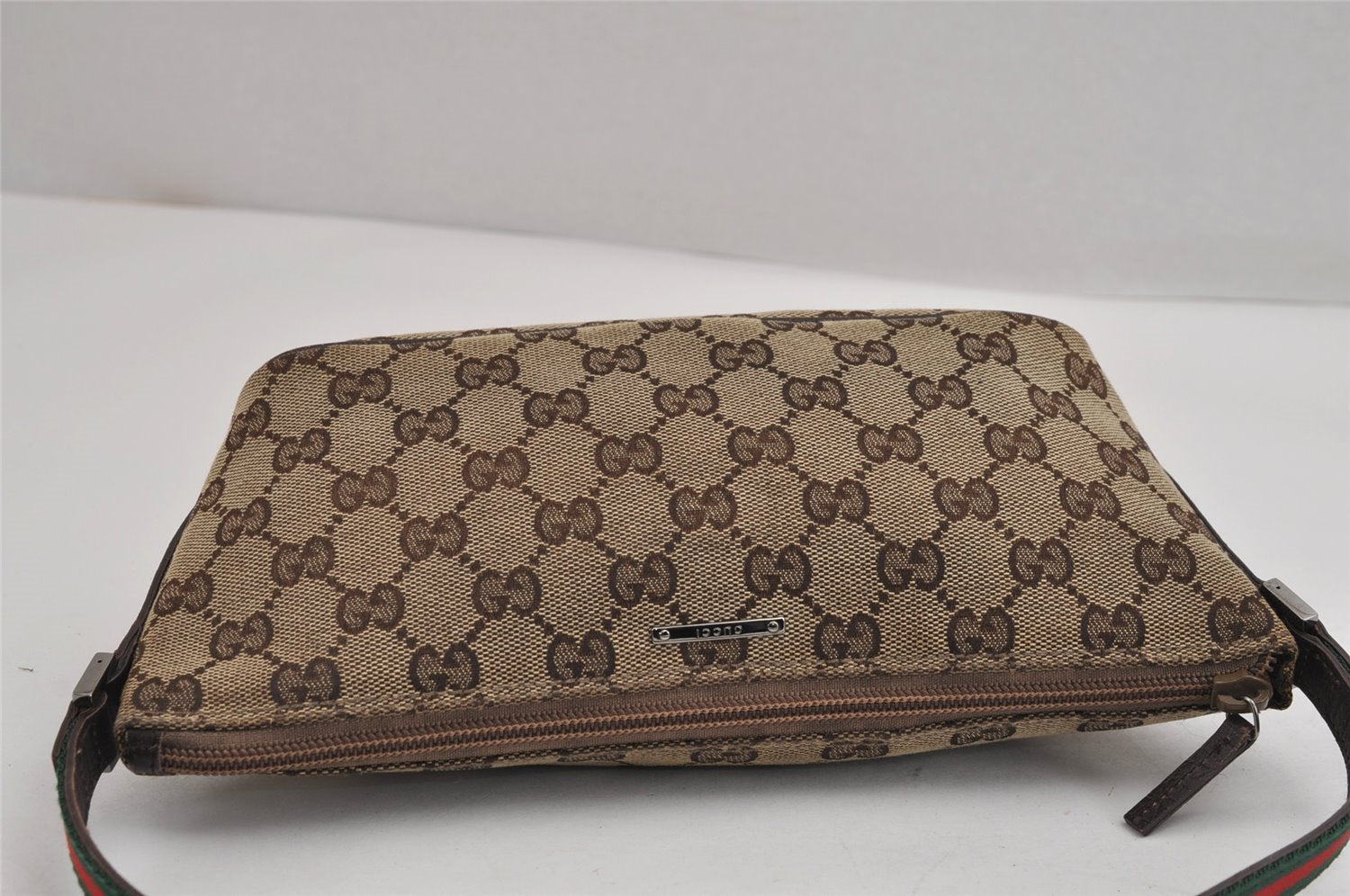 Authentic GUCCI Web Sherry Line Hand Bag Pouch GG Canvas Leather Brown 3047J