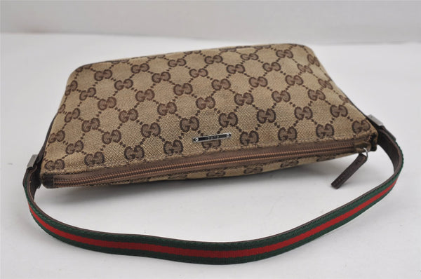 Authentic GUCCI Web Sherry Line Hand Bag Pouch GG Canvas Leather Brown 3047J