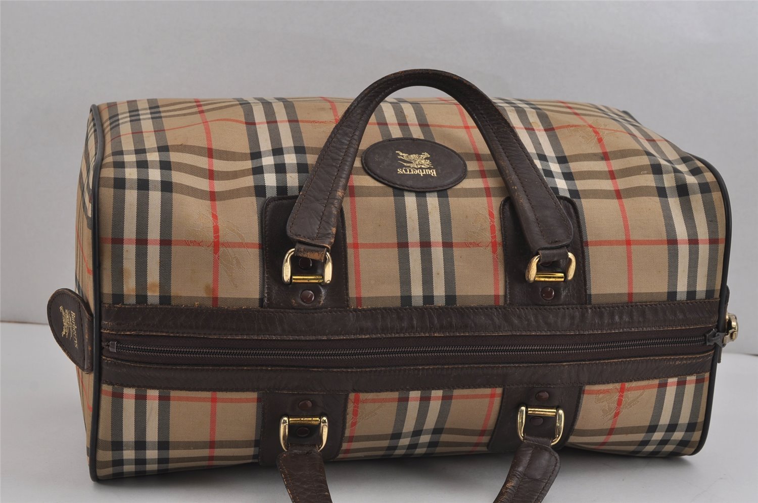 Authentic Burberrys Nova Check Canvas Leather Boston Hand Bag Brown Beige 3049J