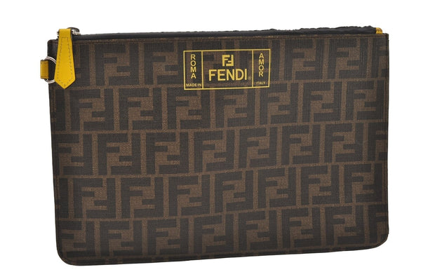 Authentic FENDI Zucca Clutch Hand Bag Purse PVC Leather Brown Black 3052J