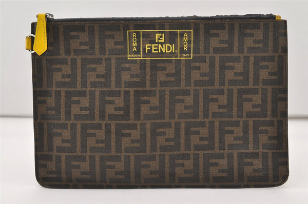 Authentic FENDI Zucca Clutch Hand Bag Purse PVC Leather Brown Black 3052J