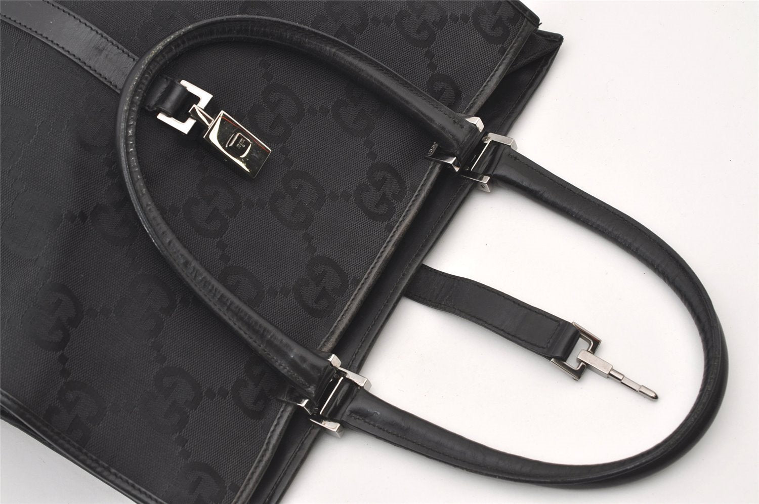 Authentic GUCCI Jackie Hand Tote Bag GG Canvas Leather 0021064 Black 3054J