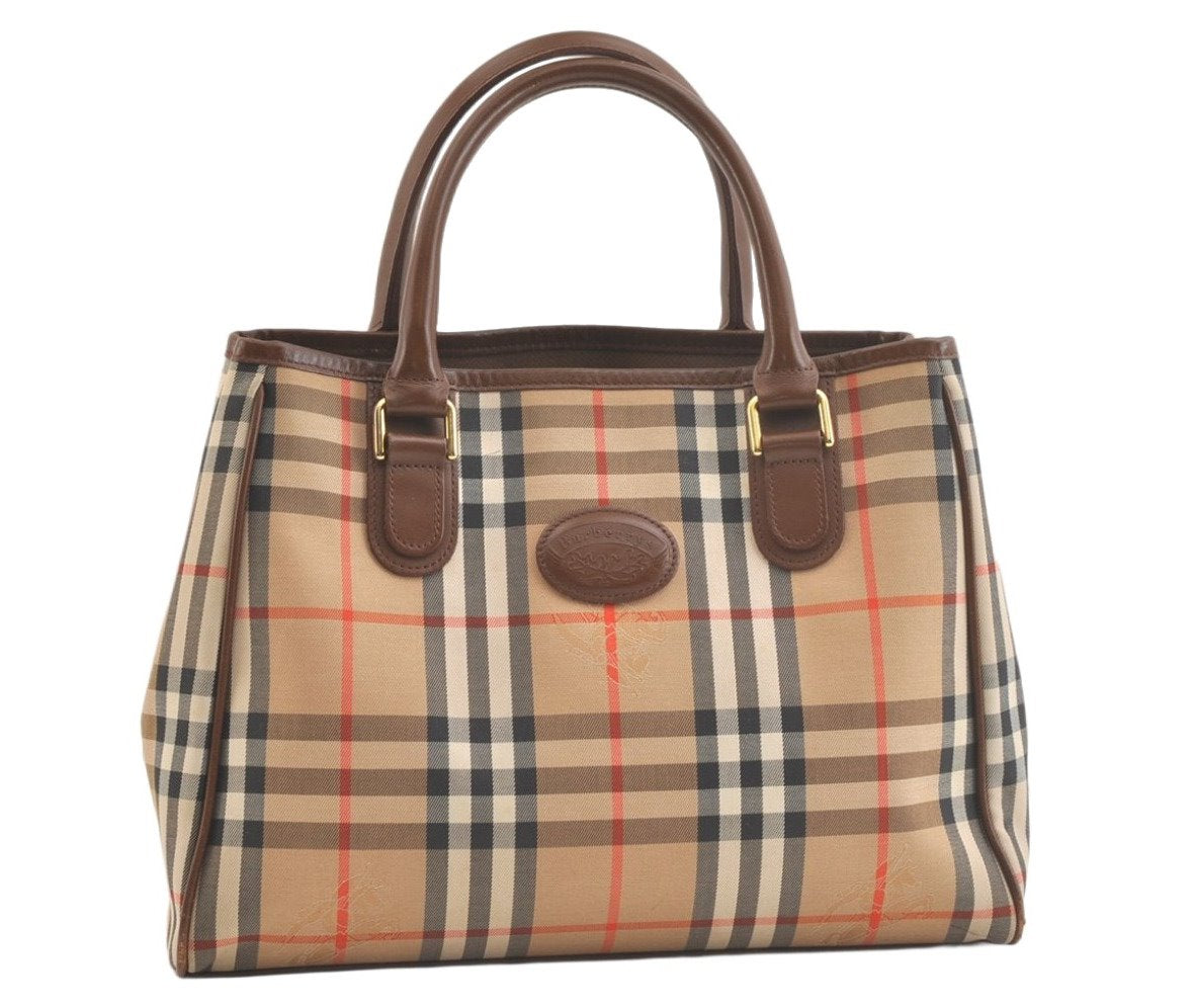 Authentic Burberrys Vintage Nova Check Canvas Leather Hand Bag Brown Beige 3061K