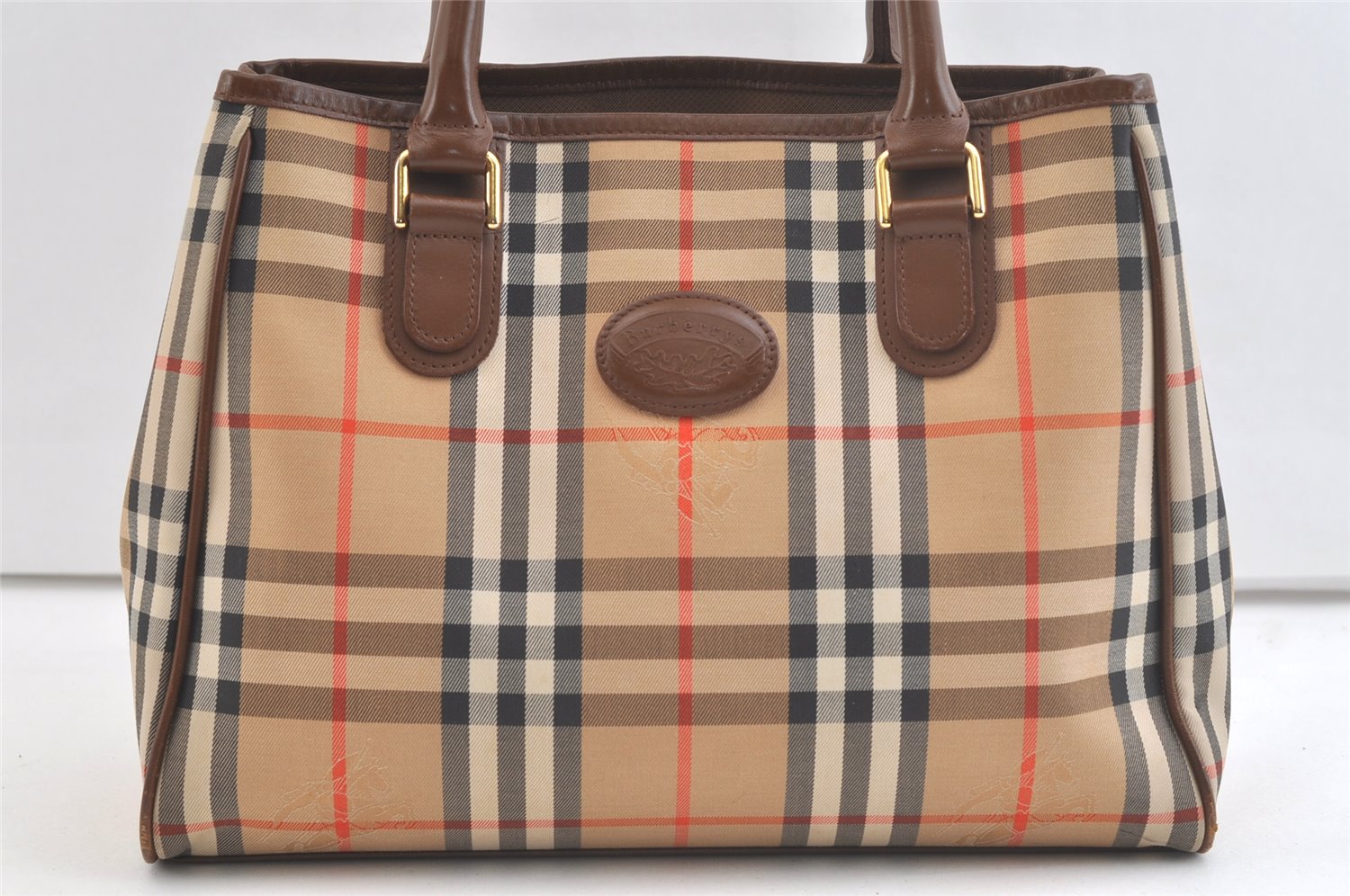 Authentic Burberrys Vintage Nova Check Canvas Leather Hand Bag Brown Beige 3061K