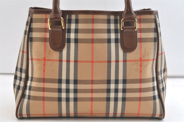 Authentic Burberrys Vintage Nova Check Canvas Leather Hand Bag Brown Beige 3061K