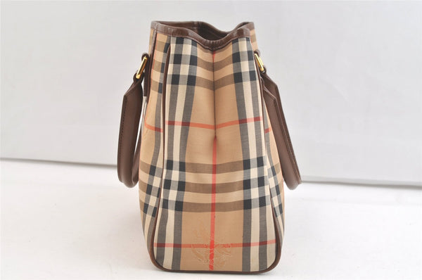 Authentic Burberrys Vintage Nova Check Canvas Leather Hand Bag Brown Beige 3061K