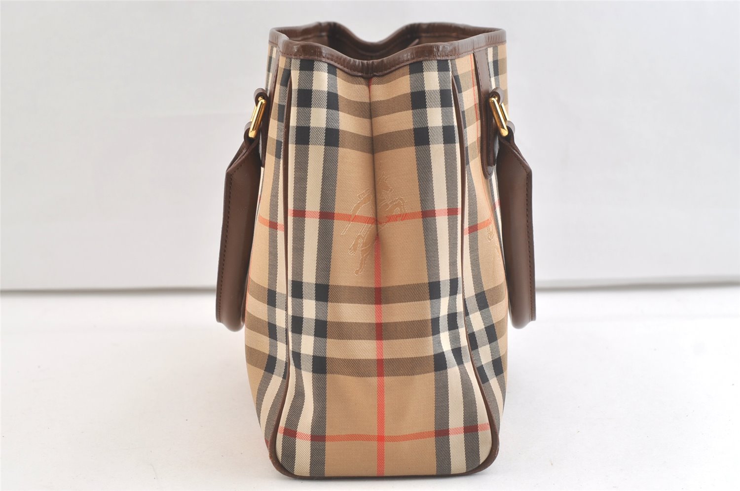 Authentic Burberrys Vintage Nova Check Canvas Leather Hand Bag Brown Beige 3061K