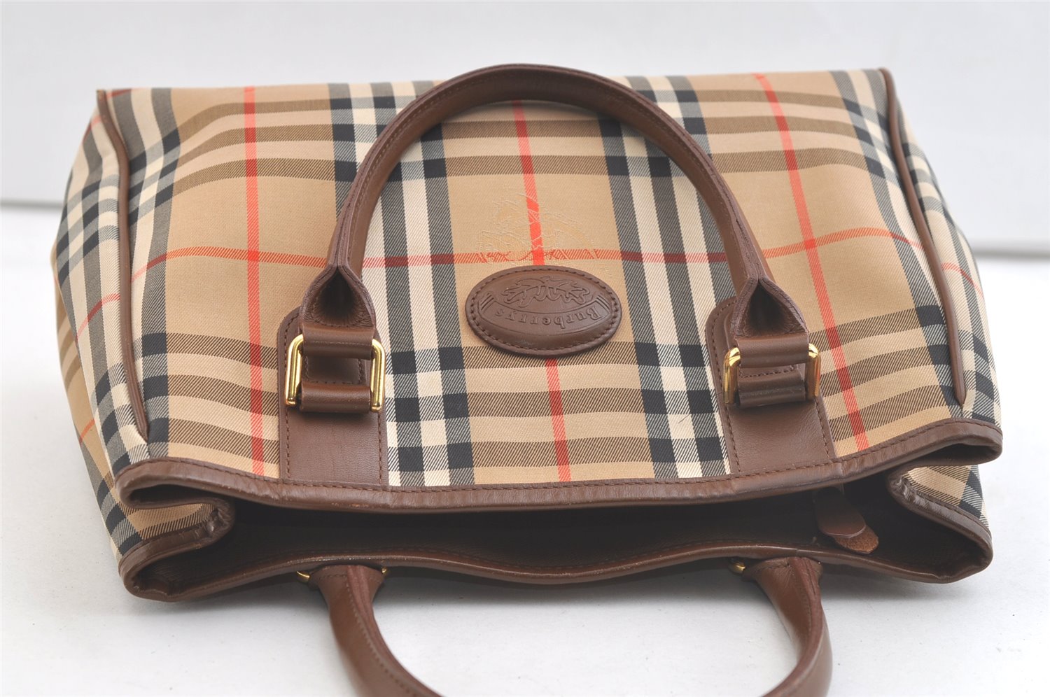 Authentic Burberrys Vintage Nova Check Canvas Leather Hand Bag Brown Beige 3061K